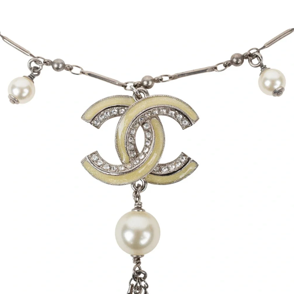 CHANEL Yellow Enamel Interlocking CC Pearl Drop Necklace